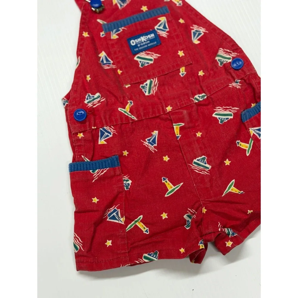 VTG OshKosh B'Gosh Overalls Red Nautical Sailboat Lighthouse USA 3T Boys